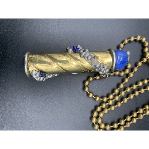 VINTAGE 3" BRASS KALEIDOSCOPE Necklace With Blue Marble - Picture 5 of 9